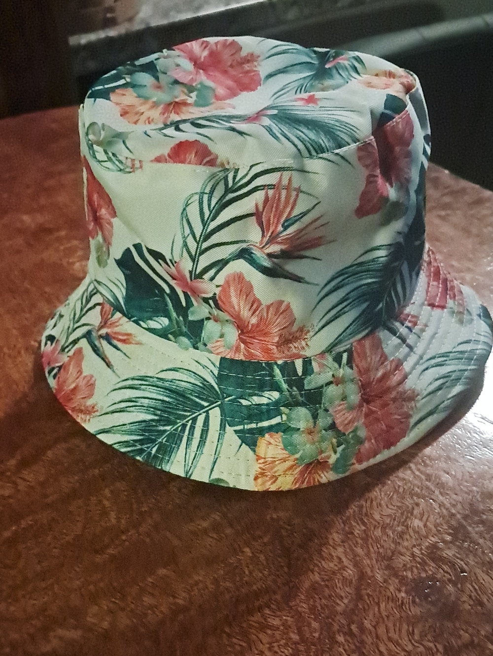 Reversible Floral Tropical Bucket Hat in White, Green & Coral